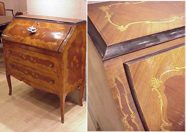 Lot image - Louis XVI Style Gilt-Bronze Mounted Marquetry Inlaid Mahogany Slant-Front Desk