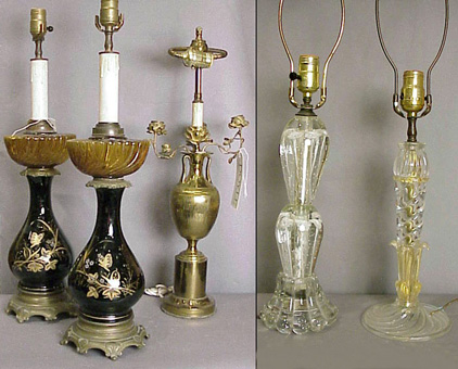 Lot image - Group of Five Porcelain, Brass and Glass Lamps