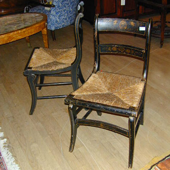 Lot image - Pair of American Stencil-Decorated Rush Seat Side Chairs