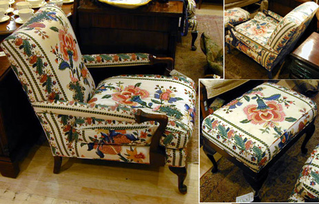 Lot image - Pair of Queen Anne Style Upholstered Armchairs and Ottoman en Suite