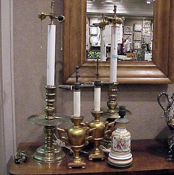 Lot image - Group of Five Brass, Wood and Porcelain Lamps