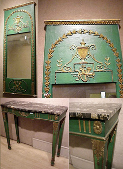 Lot image - Classical Style Painted and Gilt-Decorated Marble Top Console and Mirror en Suite