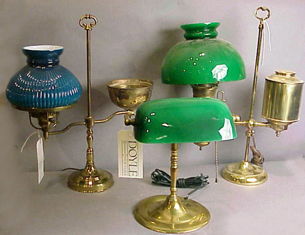 Lot image - Group of Three Brass and Glass Student Lamps