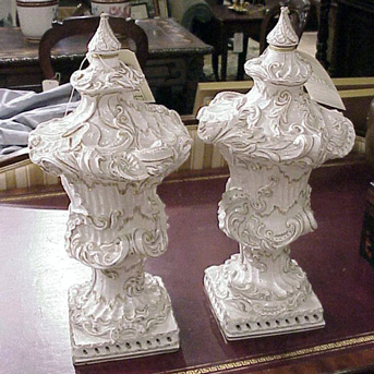 Lot image - Pair of Continental Porcelain Urn-Form Decorations