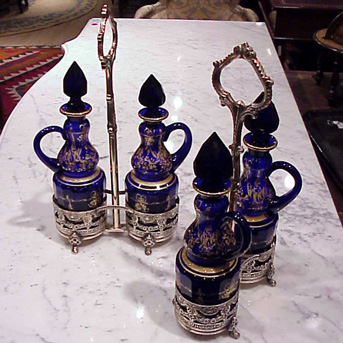 Lot image - Two Cobalt Glass and Silver Plated Cruet Sets