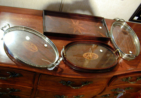 Lot image - Group of Four Wood and Silver Plated Trays