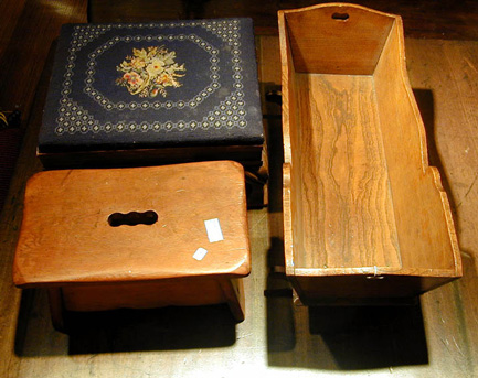 Lot image - Two Pine Stools and a Miniature Pine Cradle