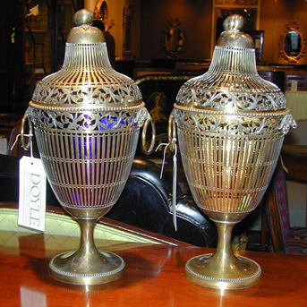 Lot image - Pair of George III Style Silver Gilt Covered Chestnut Urns