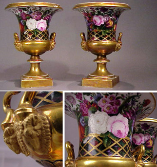 Lot image - Pair of Paris Gilt-Decorated and Painted Porcelain Urns