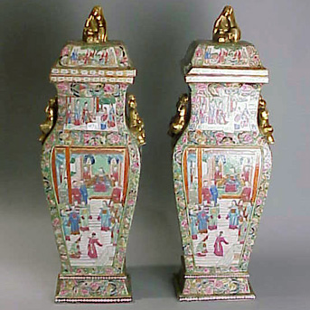 Lot image - Pair of Chinese Famille Rose Square Baluster Vases and Covers