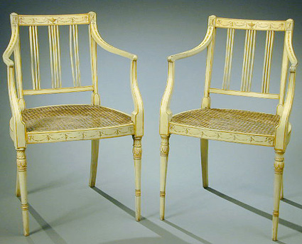 Lot image - Pair of Regency Style Cream Painted Armchairs