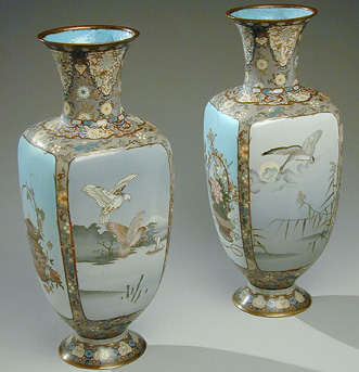 Lot image - Pair of Japanese Square Section Baluster Form Cloisonne Vases