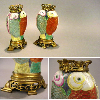 Lot image - Pair of Gilt-Bronze Mounted Chinese Famille Rose Double Fish Vases