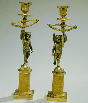 Lot image - Pair of Empire Gilt-Bronze Candlesticks