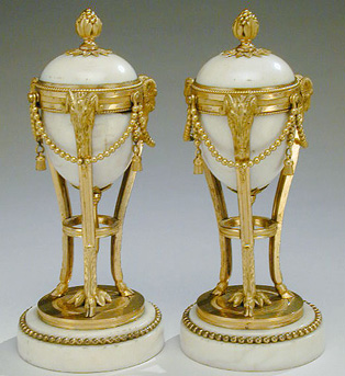 Lot image - Pair of Continental Gilt-Bronze Mounted Neoclassical Jasper Urns