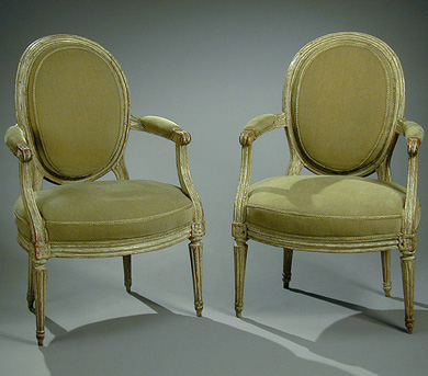 Lot image - Pair of Louis XVI Gray Painted Fauteuils