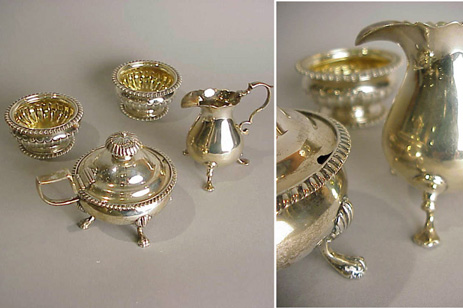 Lot image - Pair of George IV Silver Open Salts, George II Silver Cream Pitcher and George III Silver Mustard Pot