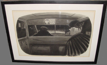 Lot image - Charles Addams 1912-1988 TAXI RIDE   Signed Chas Addams (lr) Ink and wash en grisaille heightened with white on...