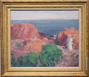 Lot image - John Sloan 1871-1951 DOLLY IN WHITE, ROCKS AND SEA   Signed John Sloan (lr) Oil on canvas 20 1/4 x 24 1/4 inch...