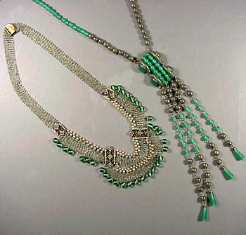 Lot image - Two Silver and Green Stone Antique Necklaces