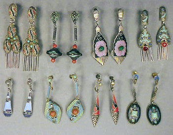 Lot image - Group of Eight Matte Enamel Drop Earrings German, 1920s