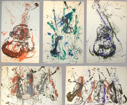 Lot image - Arman [VIOLINS] Color lithographs, signed and numbered, five 95/100, three 82/100, in pencil, the last three duplicates, printed to the