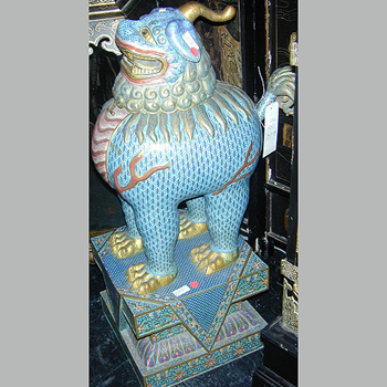Lot image - Pair of Chinese Cloisonne Blue Ground Models of Fu Lions Standing on Formal Plinths