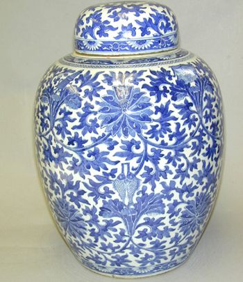 Lot image - Chinese Blue and White Porcelain Jar and Cover Decorated with Lotus Scrolls and the Eight Buddhist Symbols