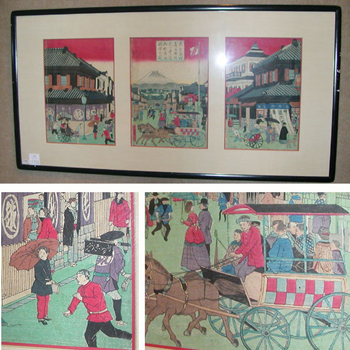 Lot image - Framed Hiroshige III Oban Tate-e Triptych of Yokohama