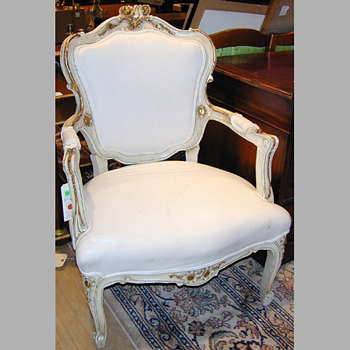 Lot image - Pair of Italian Rococo Style Painted and Parcel Gilt Upholstered Armchairs