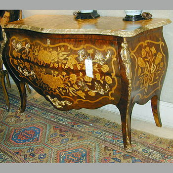 Lot image - Louis XV Style Marble Top Marquetry Inlaid Bombe Commode