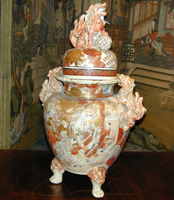 Lot image - Large Satsuma Style Enameled and Molded Tripod Vase and Cover