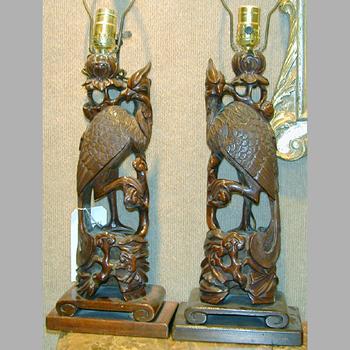 Lot image - Pair of Chinese Carved Hardwood Figural Lamps