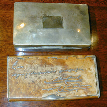 Lot image - Group of Four Sterling Silver, Silver Plated and Wood Cigarette Boxes