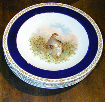 Lot image - Set of Twelve English Gilt and Cobalt Decorated Soup Plates