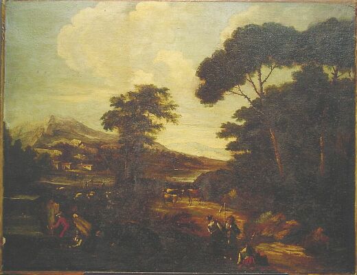 Lot image - Circle of Marco Ricci LANDSCAPE WITH TRAVELERS