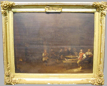 Lot image - Attributed to Hendricksz Bogaert TAVERN INTERIOR   Bears signature H Bogert (lc) Oil on oak panel 19 x 25 1/4 (4...