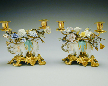Lot image - Pair of Louis XV Style Gilt-Bronze and Meissen Porcelain Two-Light Candelabra