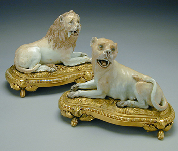 Lot image - Pair of Louis XV Style Gilt-Bronze Mounted German Porcelain Figure of a Lion and Lioness