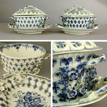 Lot image - Pair of Worcester Blue and White Porcelain Covered Strawberry Baskets on Stands