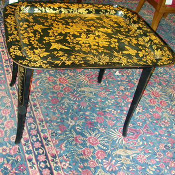 Lot image - Regency Gilt Decorated Black Papier Mache Tray on Stand