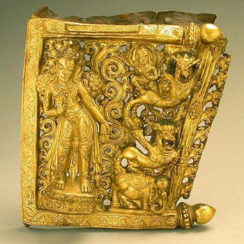 Lot image - Tibetan Gilt Copper Repousse Aureole Fragment in Densatil Style