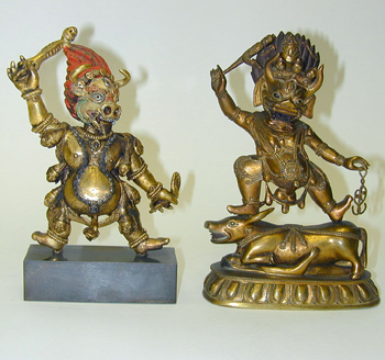 Lot image - Tibetan Gilt Copper Alloy Figure of Beg-Tse Holding Parasu and Khatvanga and a Sino-Tibetan Gilt Bronze of Yama gShin-rJe