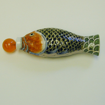 Lot image - Chinese Porcelain Snuff Bottle of a Leaping Carp