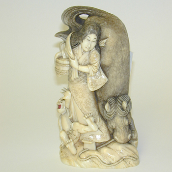 Lot image - Japanese Carved Ivory Group of Kaneko Halting a Temple Horse