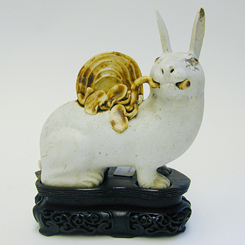 Lot image - Chinese Biscuit Porcelain Model of the Hare of the Moon Holding Lingzhi
