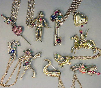 Lot image - Group of Five Gilt Sterling Silver Chateleine Pins 1940s