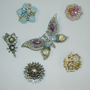 Lot image - Group of Six Miriam Haskell Colored Stone Pins American, 1940s/50s