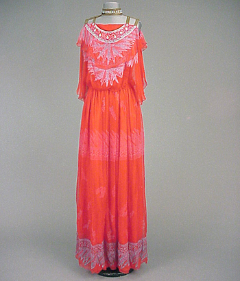 Lot image - Zandra Rhodes Tomato Red Chiffon Evening Gown English, 1980s