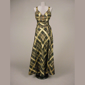 Lot image - Mainbocher Gold and Black Silk Plaid Evening Gown